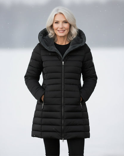 Women's long quilted puffer coat with hood and full front zipper