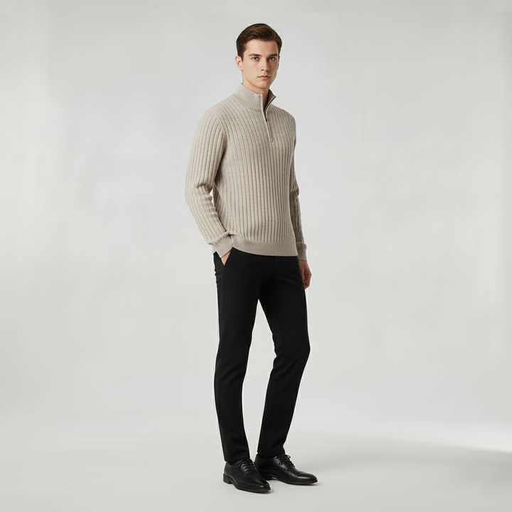 Ribbed high-collar half-zip sweater with long sleeves