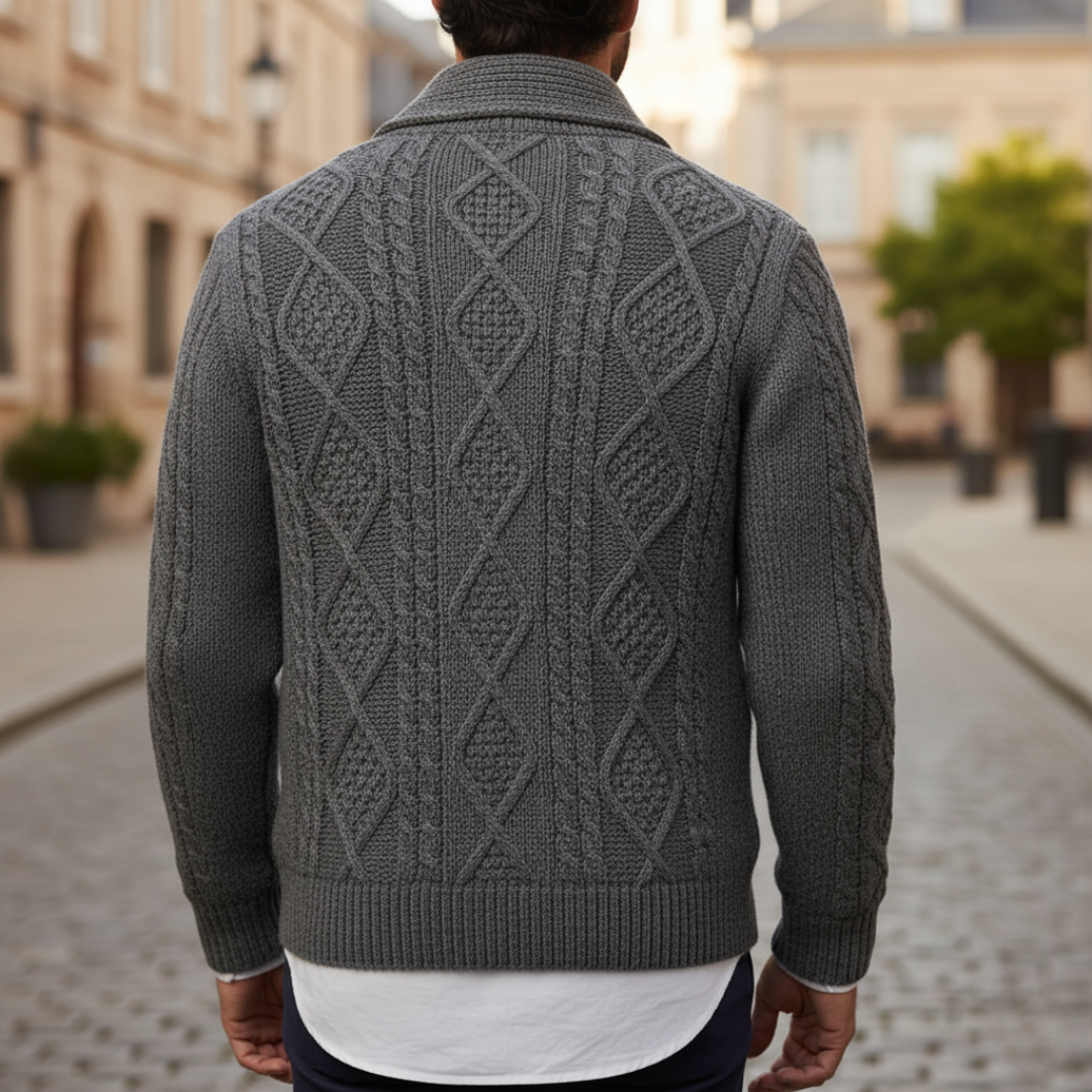 Men's cable-knit shawl-collar cardigan with buttons and pockets