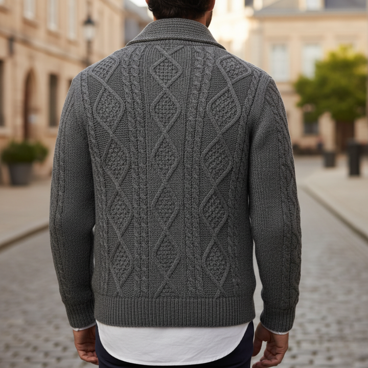 Men's cable-knit shawl-collar cardigan with buttons and pockets