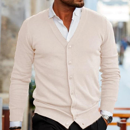 Men's long-sleeve V-neck button cardigan with ribbed trims