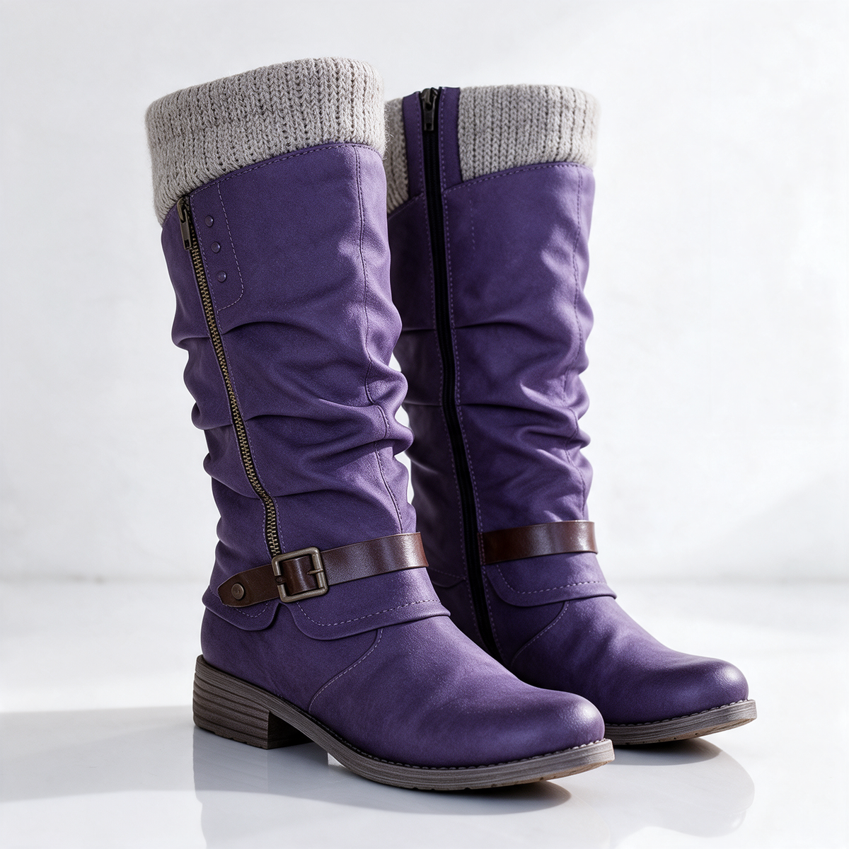 Women's slouch knee-high boots with buckle straps and low block heels