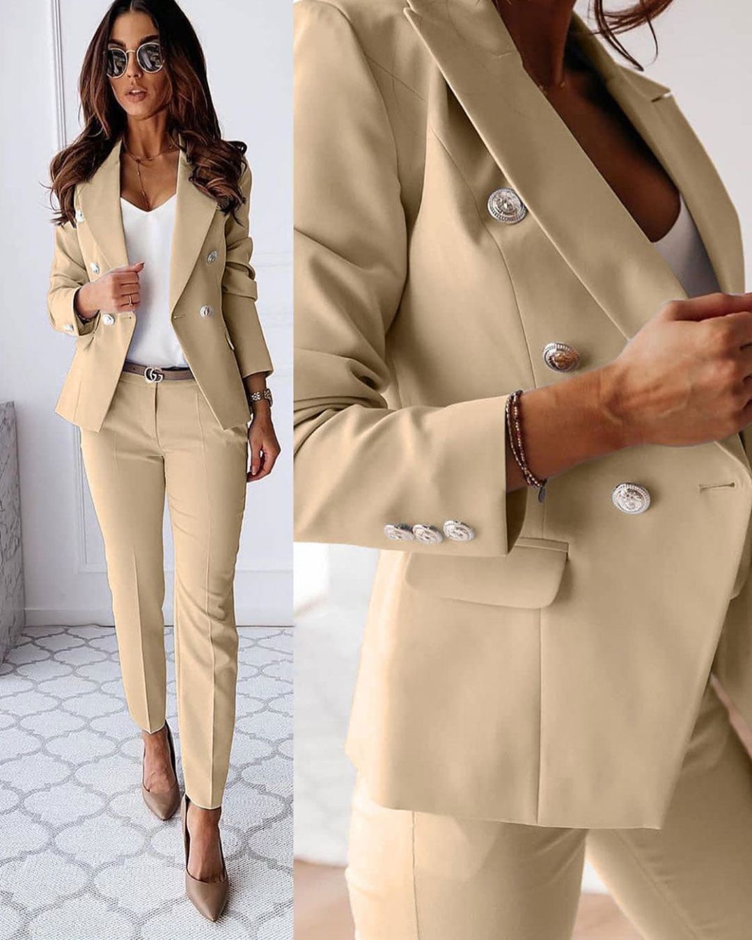 Women's double-breasted trouser suit with tailored blazer, lapels and matching ankle-length trousers