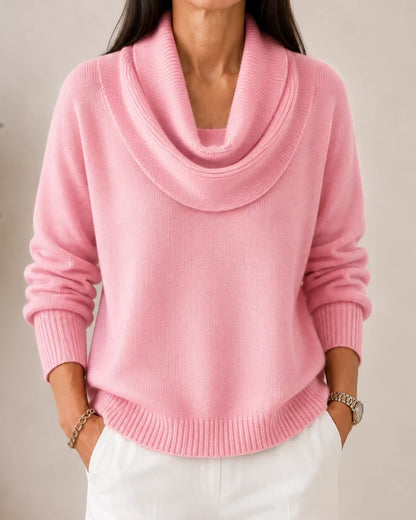 Women's knit sweater with draped cowl neckline, long sleeves and ribbed trims