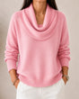Women's knit sweater with draped cowl neckline, long sleeves and ribbed trims