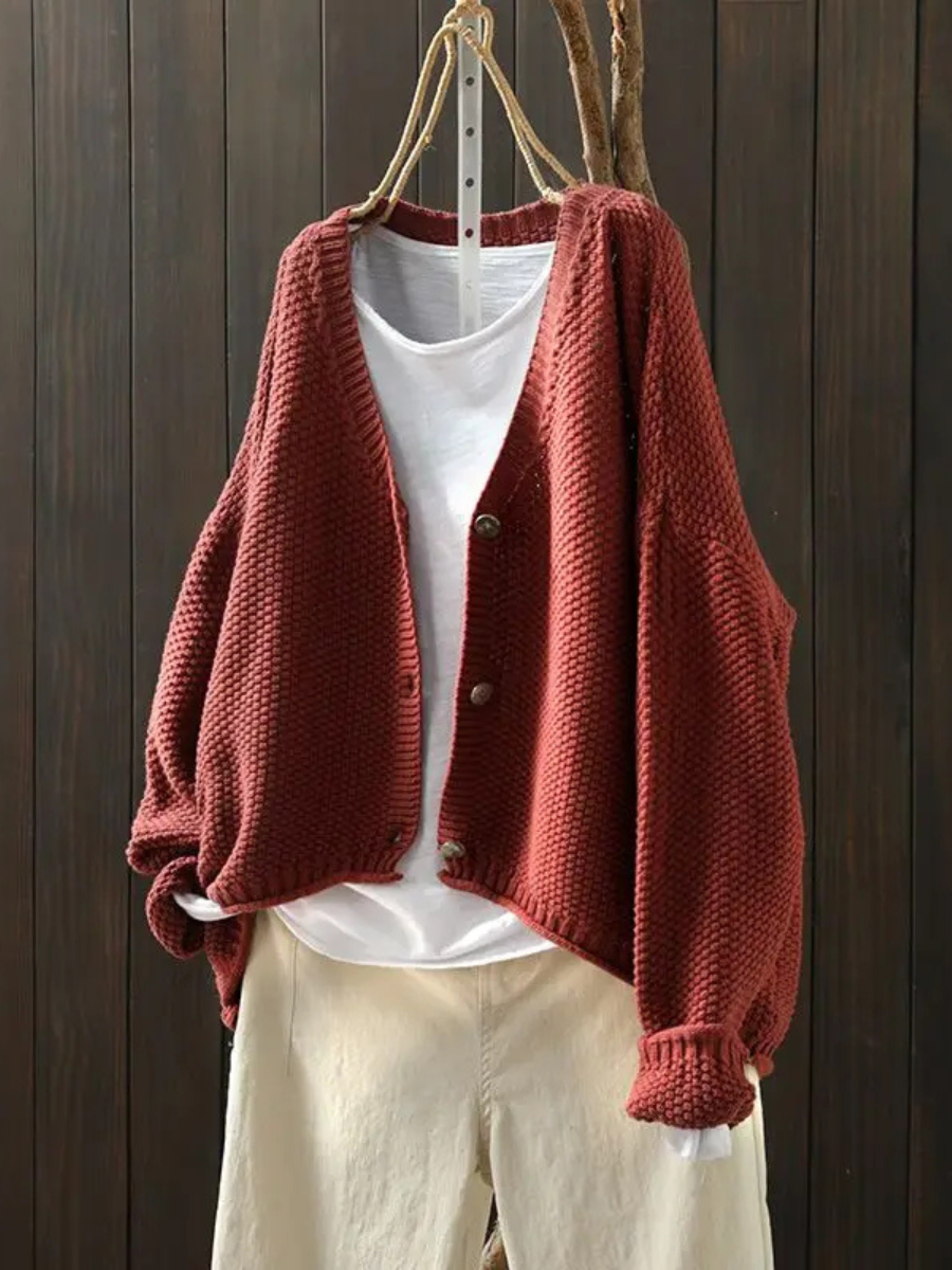 Women's textured knit cardigan with V-neck, button front and long sleeves