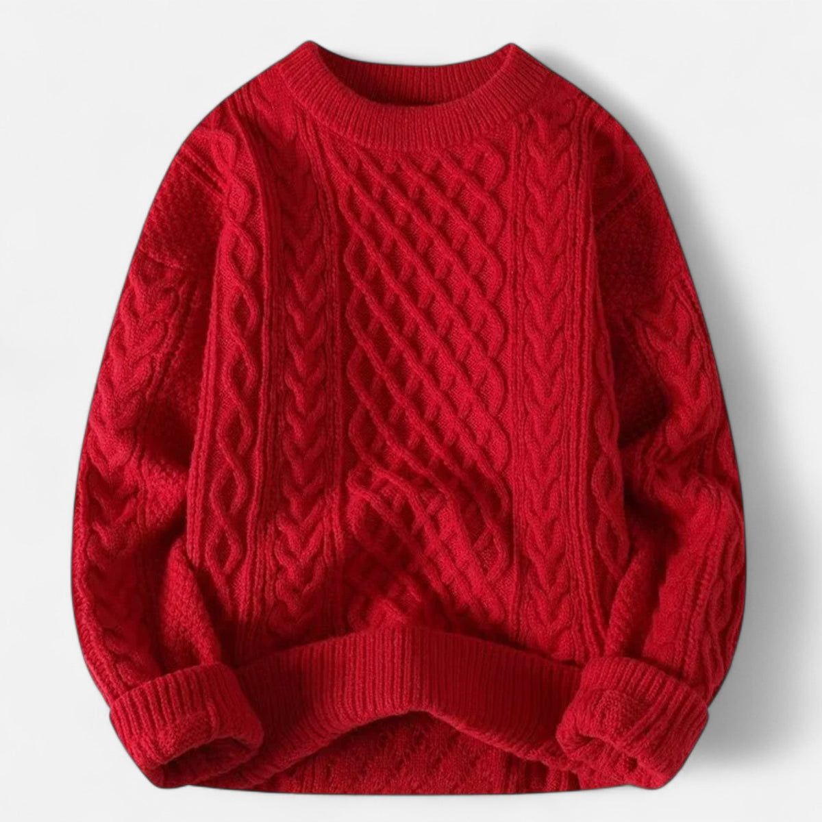 Men's cable knit crew neck sweater with long sleeves and ribbed trims