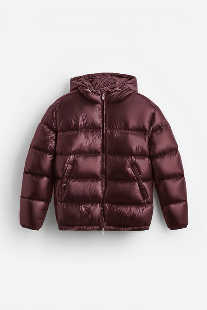 Men's quilted hooded puffer jacket with long sleeves and front zipper
