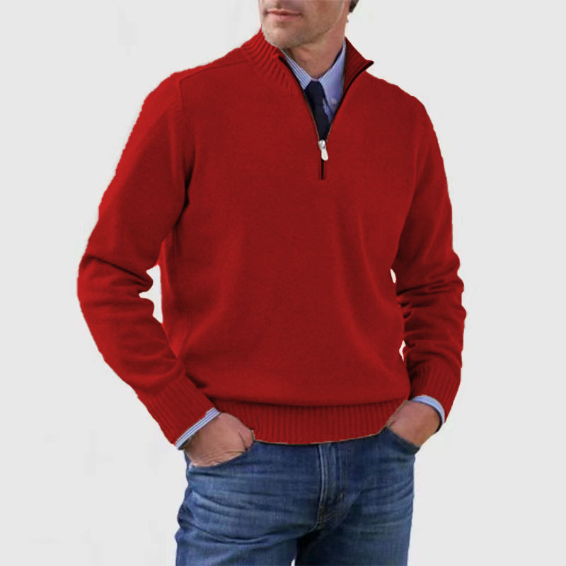 Men's half-zip mock neck sweater with long sleeves and ribbed trims