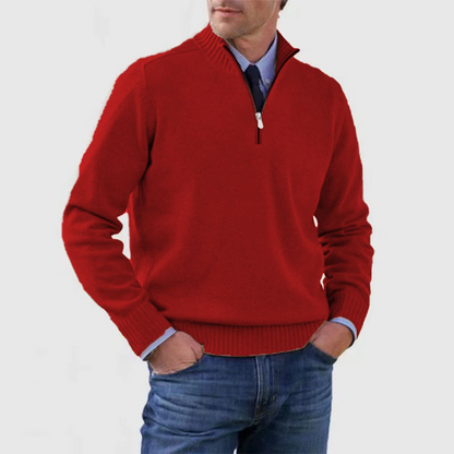 Men's half-zip mock neck sweater with long sleeves and ribbed trims