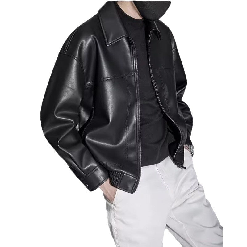 Men's zip front jacket with pointed collar and long sleeves