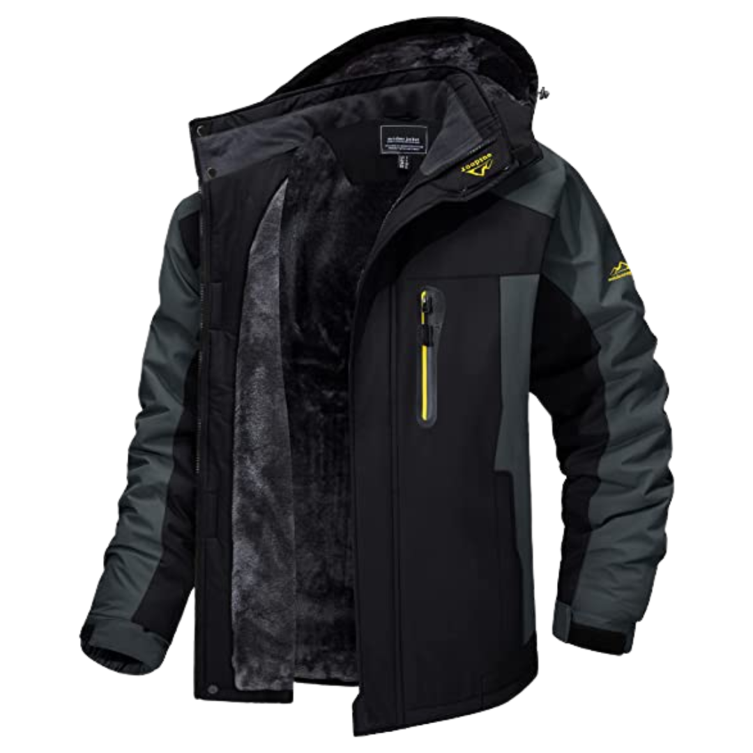 Men's hooded winter jacket with fleece lining and zipped pockets