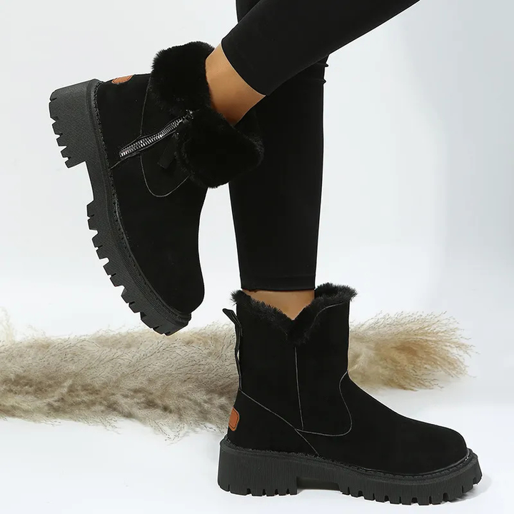 Women's ankle boots with plush fur cuffs, side zippers and lug soles