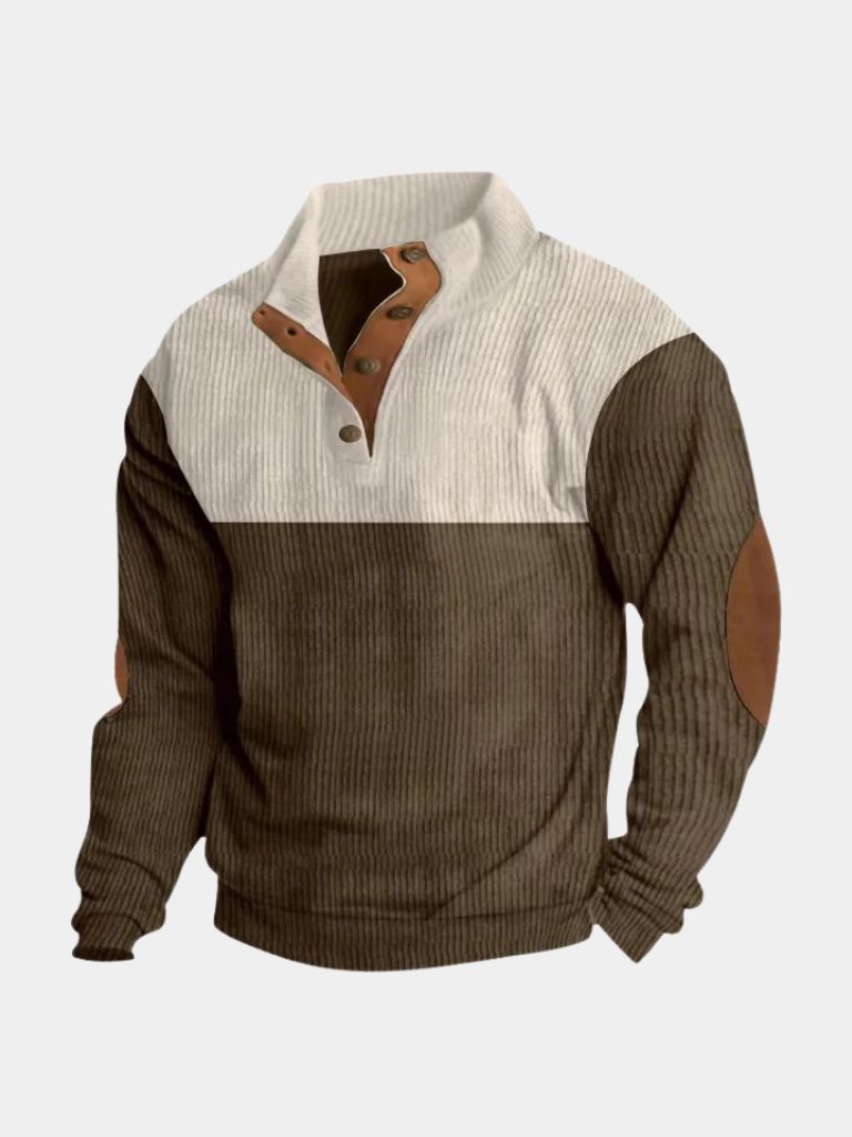 Men's two-tone high-collar corduroy pullover with elbow patches