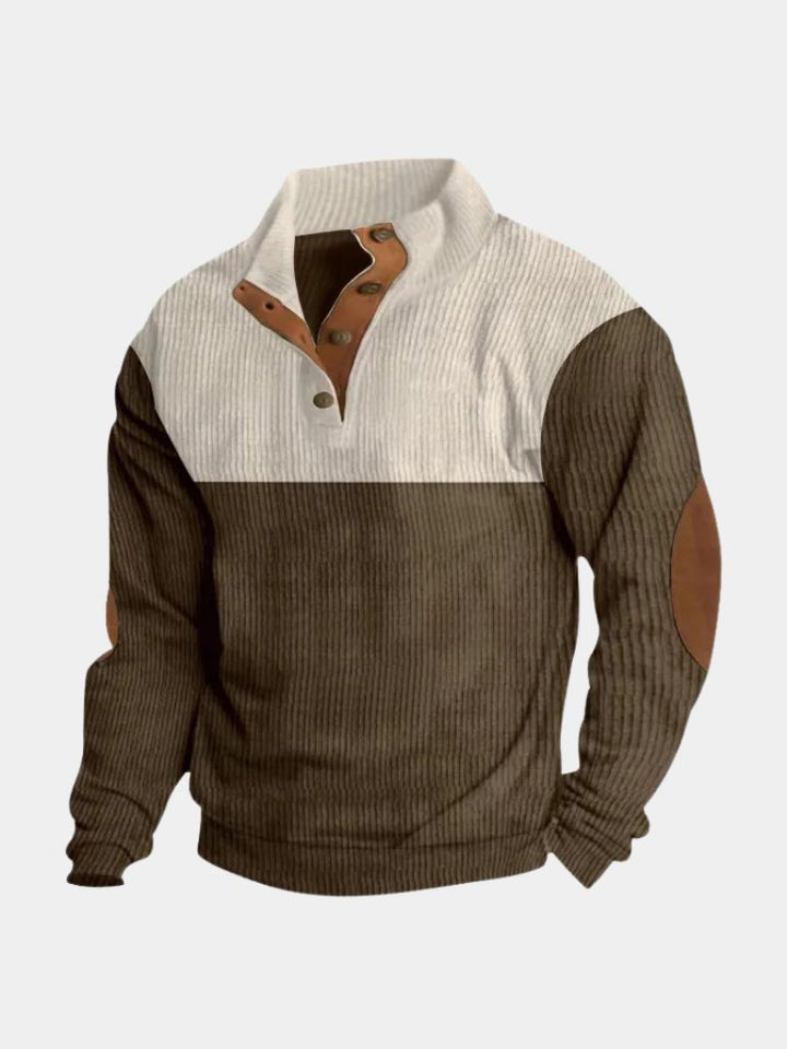 Men's two-tone high-collar corduroy pullover with elbow patches