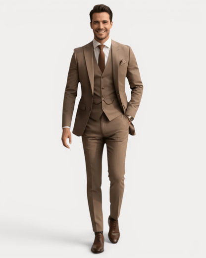 Men's three-piece suit with notched lapels, buttoned waistcoat and tailored trousers