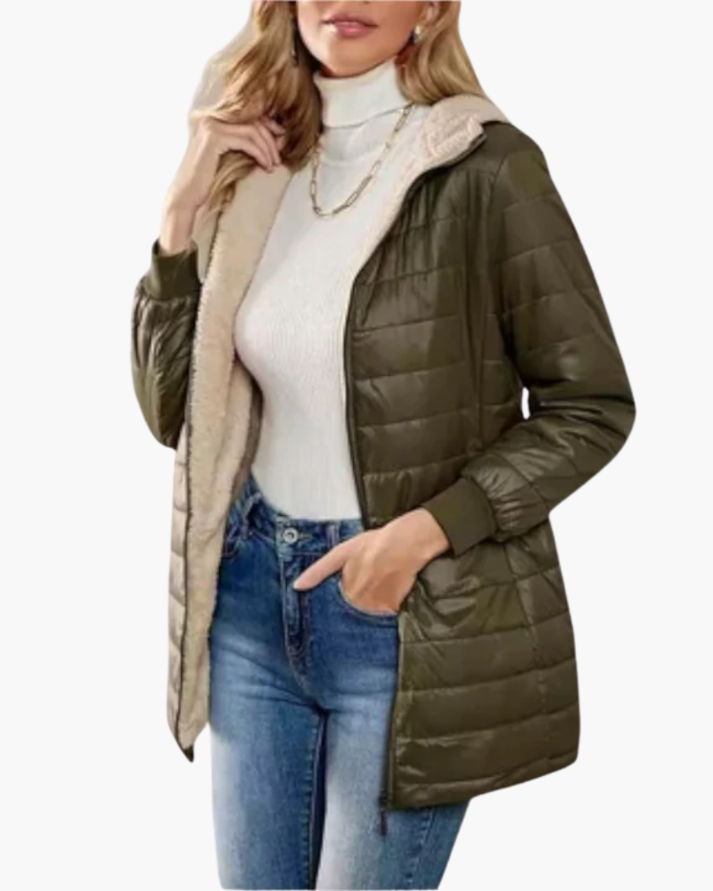 Women's quilted hooded jacket with long sleeves and zip front