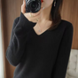 Women's long-sleeve V-neck sweater with ribbed trim
