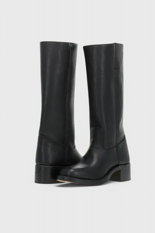 Tall pull-on boots with square toes and low block heels