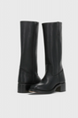 Tall pull-on boots with square toes and low block heels