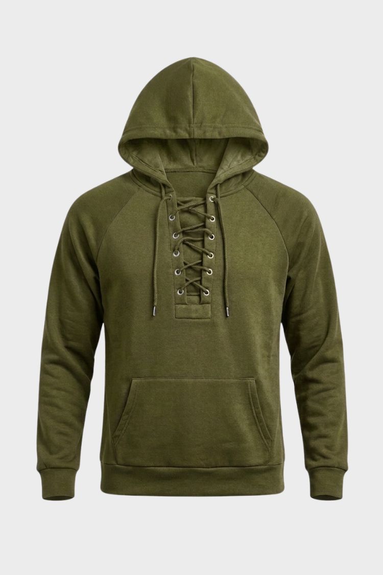 Men's hooded sweatshirt with lace-up front, long sleeves and kangaroo pocket