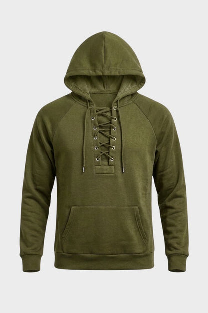 Men's hooded sweatshirt with lace-up front, long sleeves and kangaroo pocket