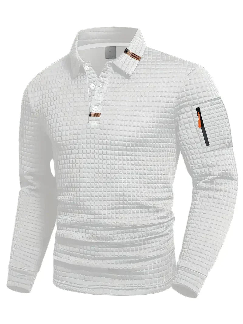 Men's textured quilted pullover sweater with polo collar and sleeve zip pocket