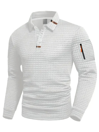 Men's textured quilted pullover sweater with polo collar and sleeve zip pocket