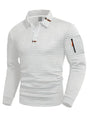 Men's textured quilted pullover sweater with polo collar and sleeve zip pocket
