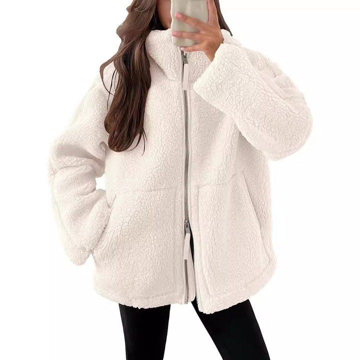 Women's textured teddy fleece zip-up coat with stand collar and front pockets
