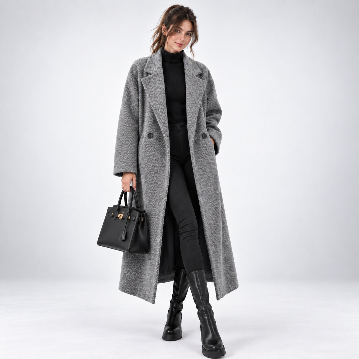 Women's long geometric patterned coat with notched lapels and button fastening