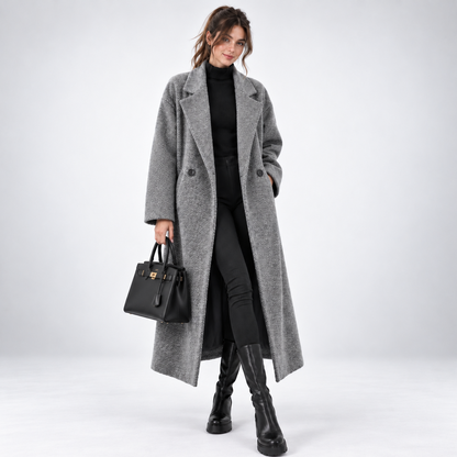 Women's long geometric patterned coat with notched lapels and button fastening