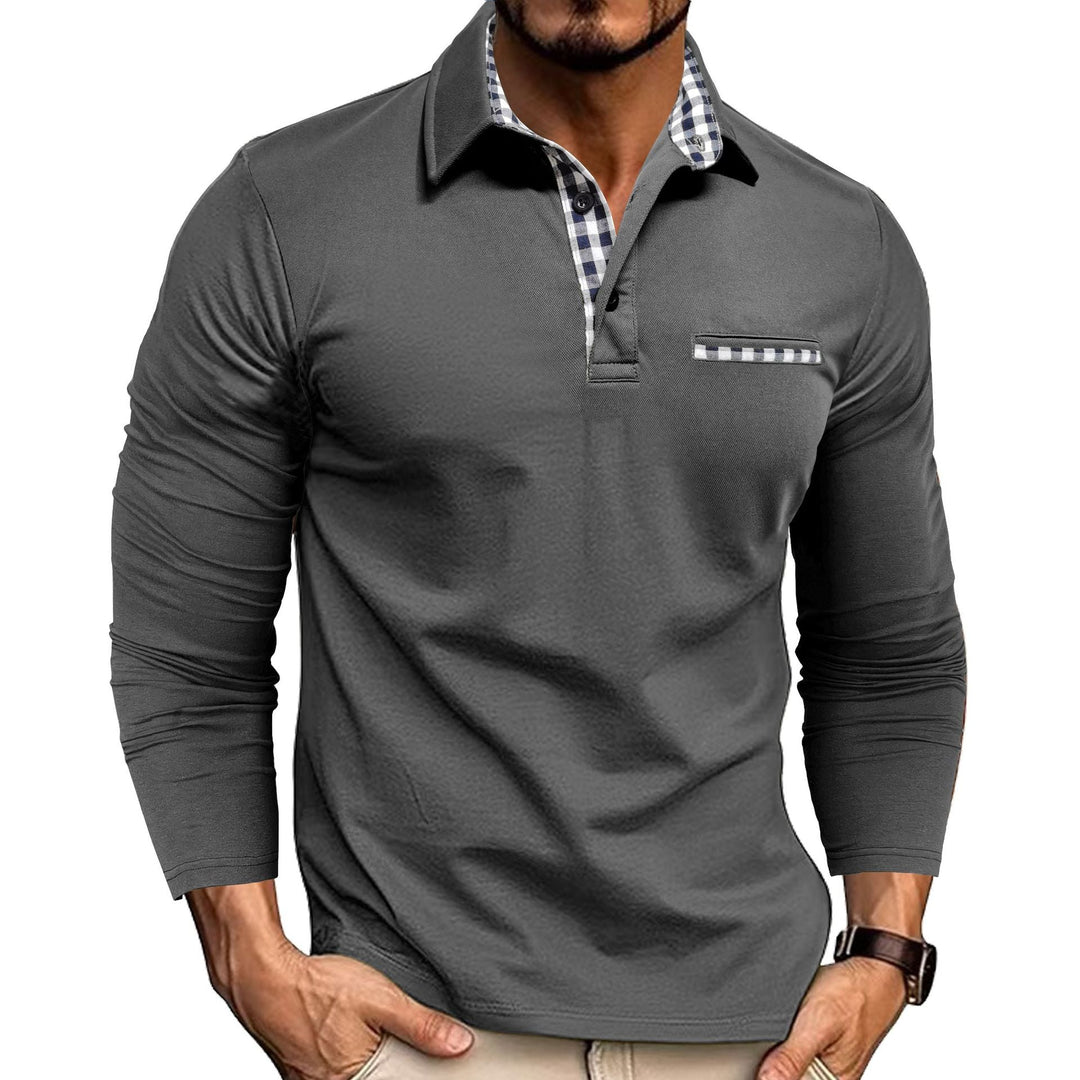 Men's long-sleeve polo shirt with checked collar and chest pocket
