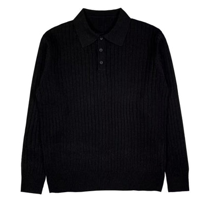 Men's long-sleeve ribbed polo sweater with collared neckline and button placket