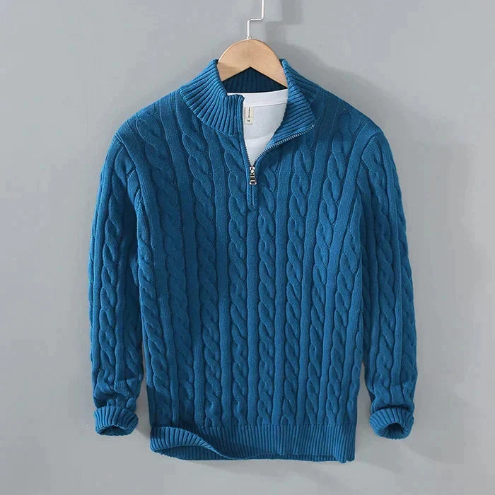 Men's cable knit quarter-zip sweater with mock neck and long sleeves