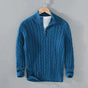 Men's cable knit quarter-zip sweater with mock neck and long sleeves