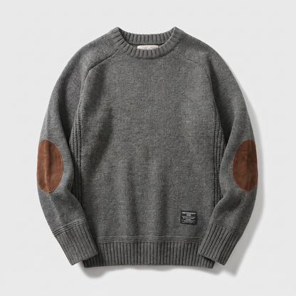 Textured crew neck knit sweater with contrasting elbow patches