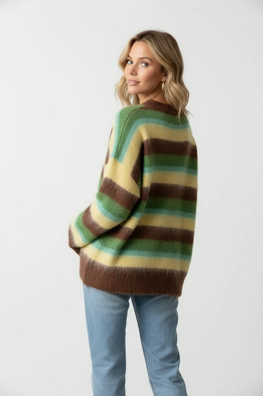 Women's oversized striped crew neck sweater in green, yellow and brown