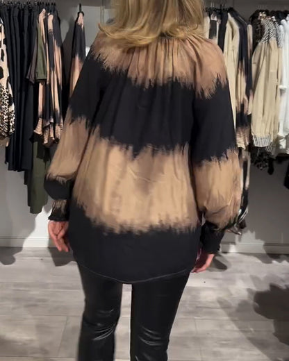 Women's brown and black tie-dye V-neck blouse with long sleeves and buttons
