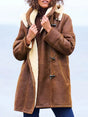 Women's brown hooded coat with cream trim and toggle fastenings