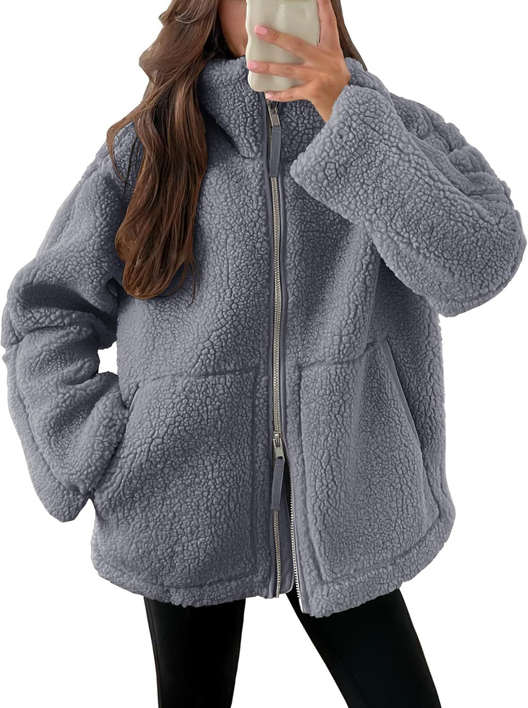Women's textured teddy fleece zip-up coat with stand collar and front pockets