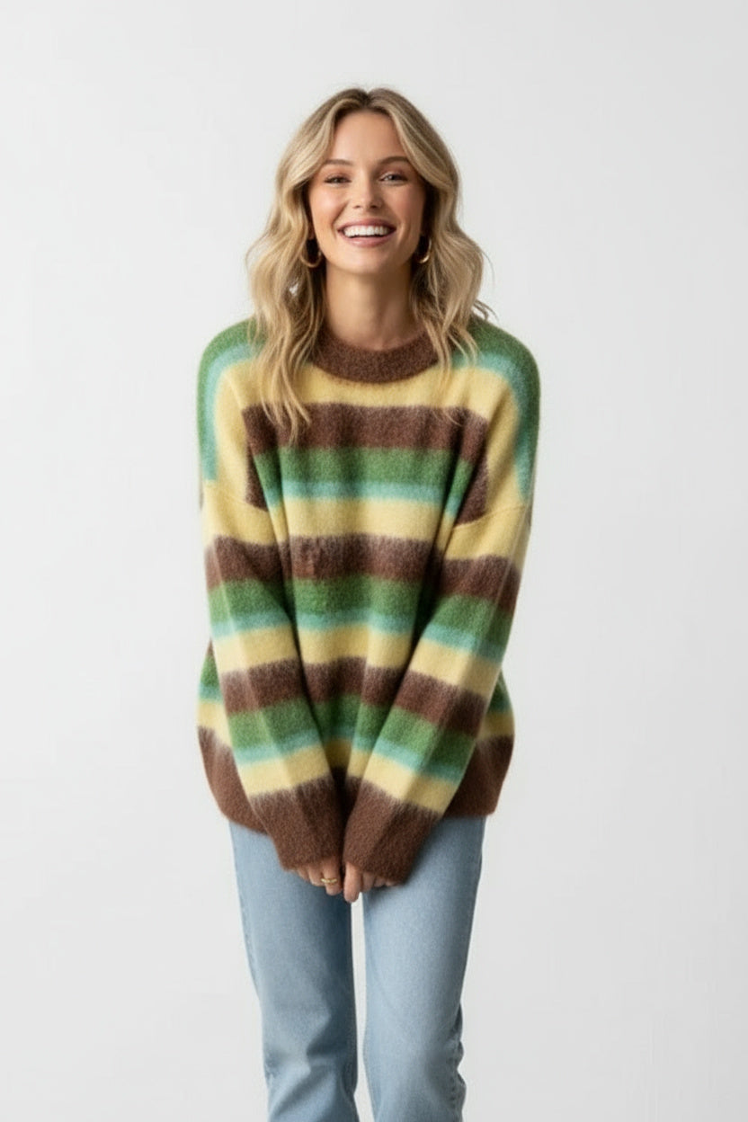 Pull femme rayé à col rond, manches longues, coupe oversize