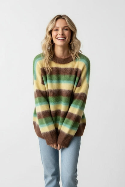 Pull femme rayé à col rond, manches longues, coupe oversize