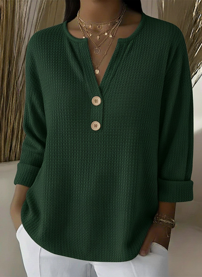 Women's textured waffle henley top with split neckline, buttons and long sleeves