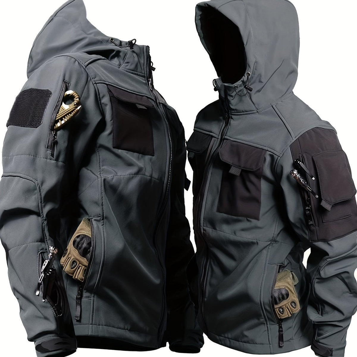Men's hooded softshell jacket with long sleeves and multiple utility pockets