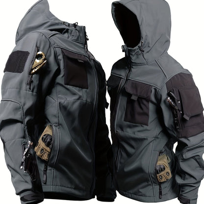 Men's hooded softshell jacket with long sleeves and multiple utility pockets