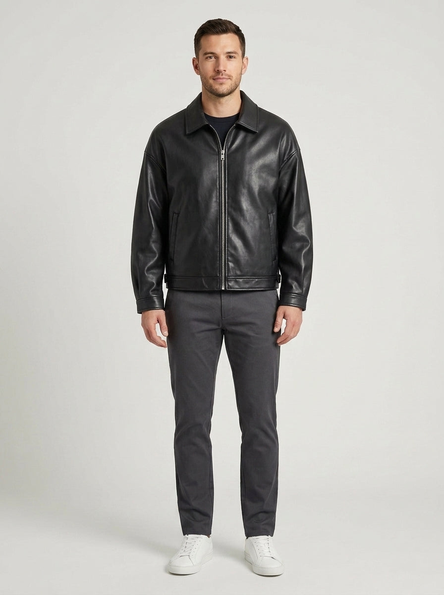 Men's black faux leather jacket with collar and front zipper