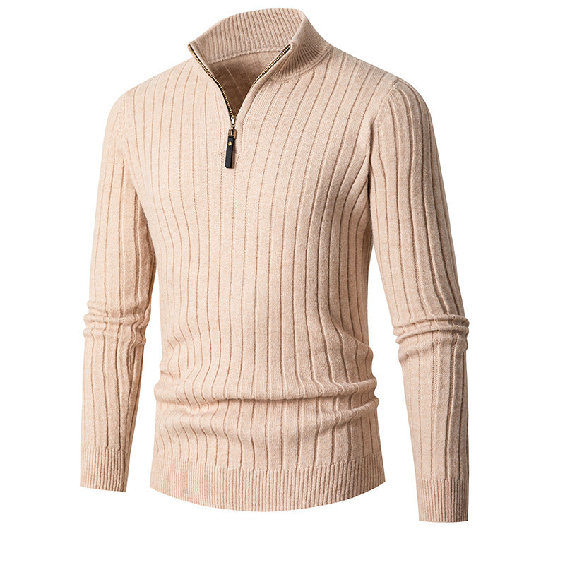 Men's ribbed quarter-zip sweater with mock neck and long sleeves