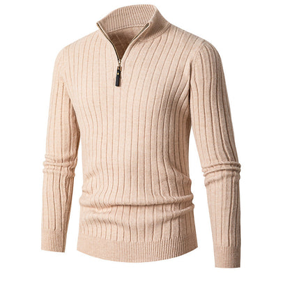 Men's ribbed quarter-zip sweater with mock neck and long sleeves