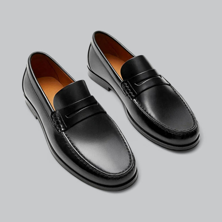 Men's penny loafers shown in black and dark brown